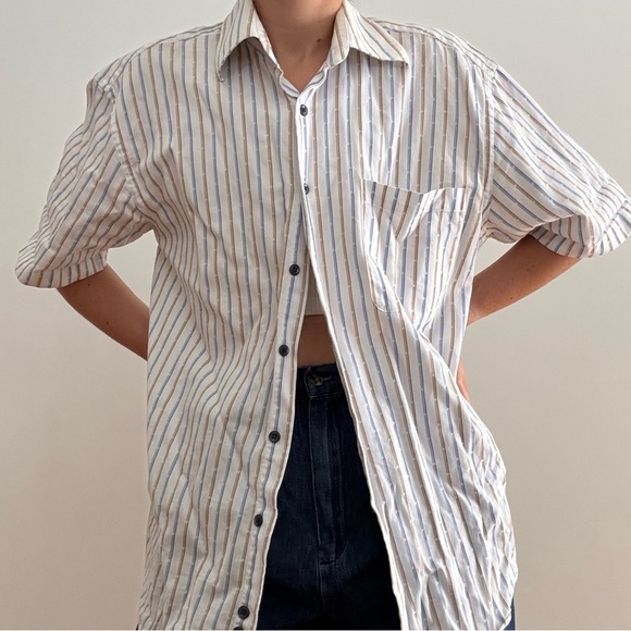 ARROW Striped SHORT SLEEVE BUTTON DOWN SHIRT - Blue - White - Tan - Picture 4 of 12